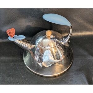 Vintage Alessi Michael Graves Chrome Silver Red Bird Blue Handle Teapot Italy